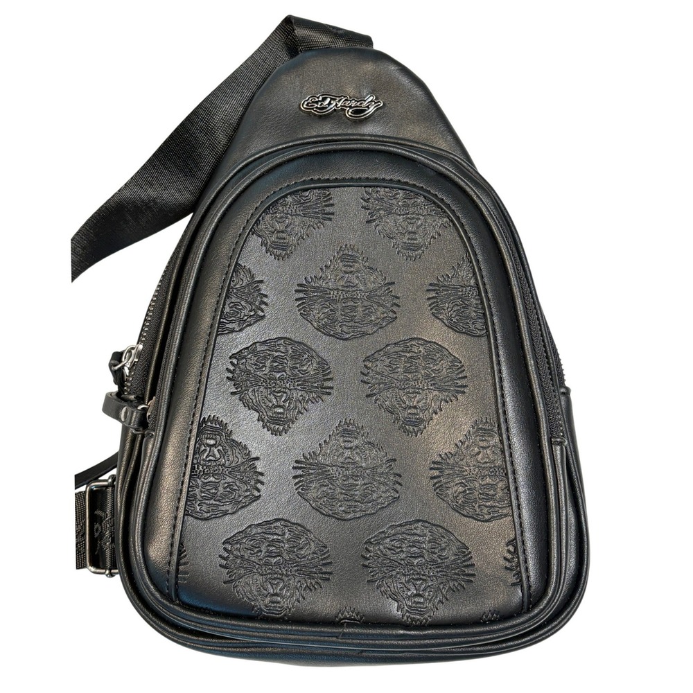 Ed Hardy Black Embossed Tiger Sling Bag Crossbody Backpack Y2K Streetwear